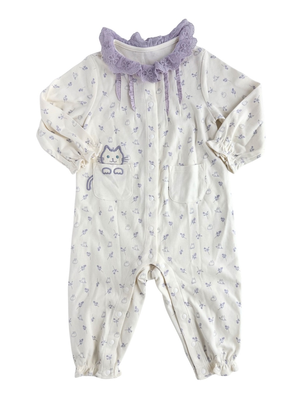 Dave & Bella Baby Cat Romper Approx. 6-9M Lace Floral Kitty Pocket One Piece